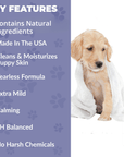 Light purple feature image with a puppy wrapped in a white towel and a Puppy Shampoo bottle noting mild, pH balanced, and no harsh chemicals.