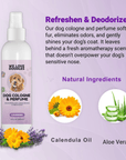 Purple graphic with the dog cologne bottle and headline Refreshen and Deodorize. Circles show calendula oil and aloe vera as natural ingredients with lavender and calendula flowers at the bottom.