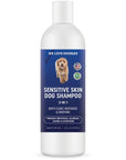 Front view of the white bottle with a blue label that reads Sensitive Skin Dog Shampoo 3 in 1. Text notes gently cleans, moisturizes, and conditions. Size shown is 16 fl oz.