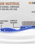 Side profile of a blue comb with labels for comfortable grip unique design and round steel teeth under a Premium Material heading.
