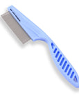 Isolated image of the small We Love Doodles face and flea comb with fine metal teeth and a slotted grip handle on a white background.