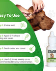 Green instruction graphic shows four simple steps. A hand swabs the outer ear of a brown dog while a white ear cleaning serum bottle appears on the right.