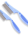 Two blue grooming combs with closely spaced metal teeth and vented grip handles. One small and one large shown on a white background with brand text on the spine.