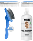 Composite image showing a blue slicker brush, two blue and white metal combs, and a white bottle labeled Dog Detangler Leave In Conditioner unscented 16 fl oz on a white background.