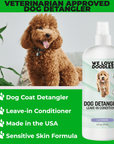 Graphic shows a curly coated dog beside the detangler bottle with notes dog coat detangler leave in conditioner made in the USA and sensitive skin formula.