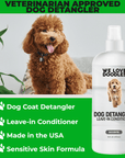 Green banner reads veterinarian approved dog detangler and shows a brown curly dog with the We Love Doodles detangler bottle placed at the right side.