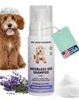 White foam pump bottle labeled Waterless Dog Shampoo sits beside a fluffy brown dog, a lavender sprig, a Made in USA tag, and a dollop of white foam on a white background.