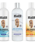 Front view of three 16 oz We Love Doodles dog shampoo bottles. Scents shown are Ocean Breeze Lavender and Chamomile and Mango. Labels read dog shampoo detangler and conditioner 4 in 1.