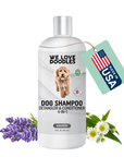 White 16 fl oz We Love Doodles dog shampoo bottle labeled 4 in 1 detangler and conditioner with a Made in USA tag, lavender and chamomile flowers on a white background.