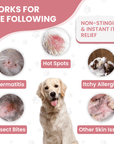 Graphic with a dog in the center and labeled circles for hot spots, dermatitis, insect bites, itchy allergies, and other skin issues. Notes non stinging instant itch relief.