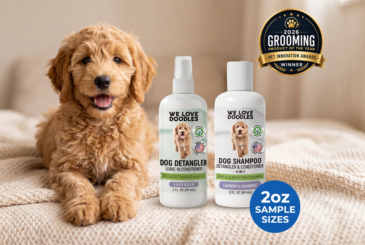 We Love Doodles puppy with grooming products
