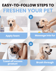 Instruction graphic shows four panels titled apply foam, massage into fur, towel off excess product, and brush through with photos of a dog in each step.