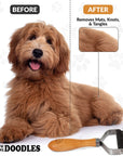 Split image of a fluffy tan dog showing before and after coat results, with the dematting tool pictured at the bottom.