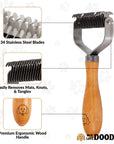 Infographic shows the dematting tool with close ups of the stainless blade rows and the ergonomic wooden handle with a small dog logo.