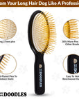 Infographic of the black gold pin brush with callouts for long 27 mm pins, 30 percent more pins than other brushes, gold plated pins to reduce static, and an easy to hold beechwood handle.