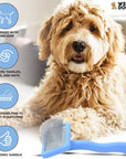 A curly coated dog sits near a blue slicker brush with icons that show use for long hair, removal of tangles and mats, bent pins, and ergonomic handle.