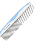 Large grooming comb angled on a white background showing long stainless steel pins and a blue grip handle.