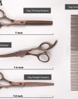 Flat lay graphic shows thinning scissors at 7 inches, curved scissors at 7.2 inches, straight scissors at 7.8 inches, and the comb at 7.5 inches.