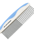 Small grooming comb angled on a white background with long stainless steel pins and a textured blue grip.