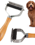 Two studio product views of the dematting tool with wooden handle and stainless blades beside a seated doodle dog on white.
