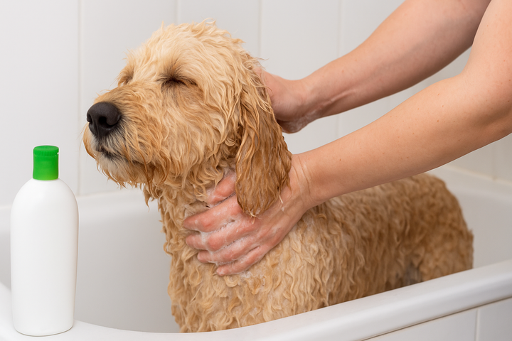 A curly-haired Goldendoodle being gently bathed in a white tub with a person lathering dog shampoo, illustrating proper grooming techniques to prevent skin problems.