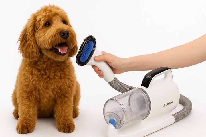 goldendoodle dog with vacuum grooming kit