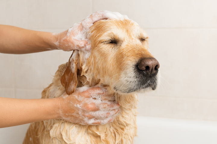 A Golden Retriever enjoying a bath with dog shampoo being gently massaged into its coat, showing proper pet care for healthy skin and fur.