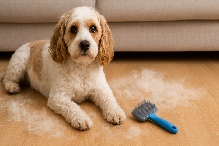 A curly-haired poodle mix dog lying on a wooden floor surrounded by loose fur during shedding, with a blue slicker brush for dogs beside it — illustrating the topic “Why Is My Dog Shedding So Much.