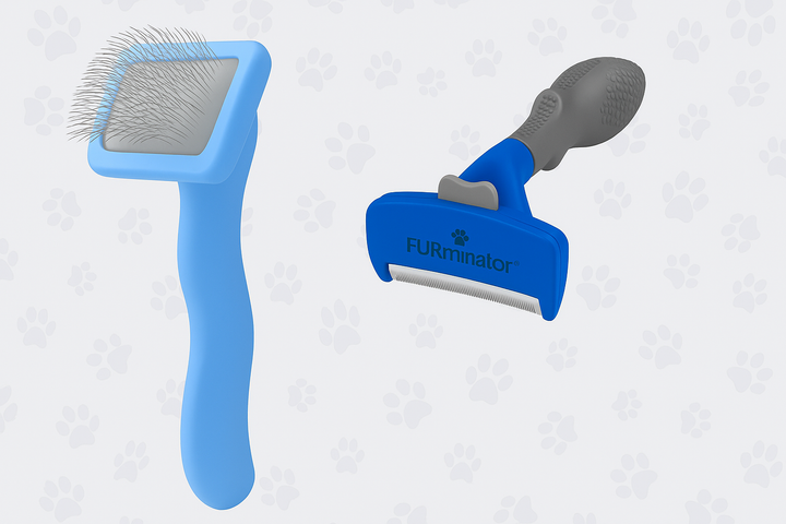 Image showing the difference between a slicker brush and a deshedding tool for dogs helping explain why dog is shedding so much and which brush to use