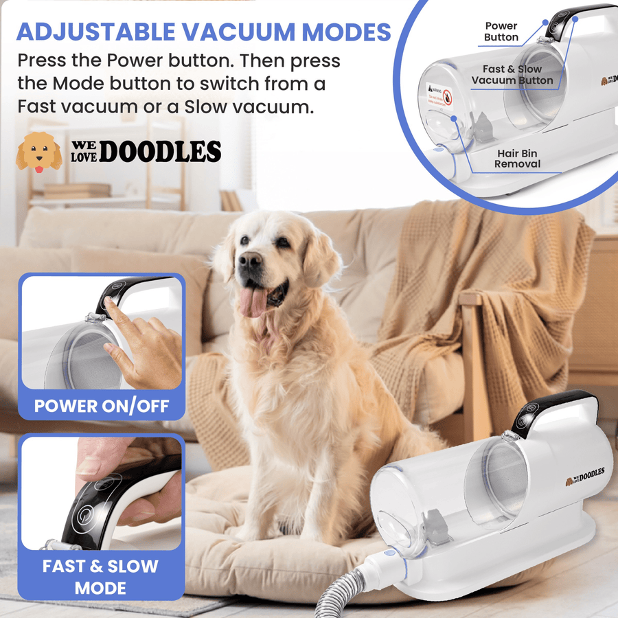 Close ups show the power button and a mode button that switches between fast and slow vacuum settings. A dog sits nearby with the unit on the floor.