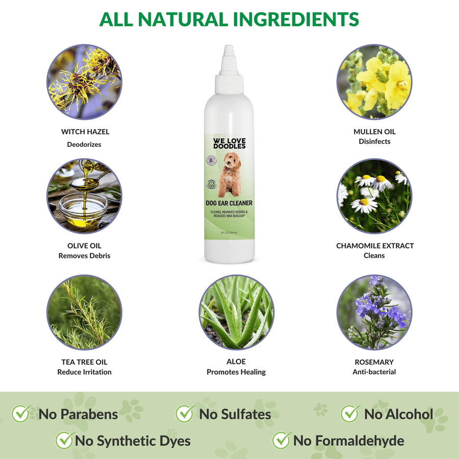 Bottle centered with labeled circles for witch hazel, mullen oil, olive oil, chamomile, tea tree, aloe, and rosemary plus a footer with free from claims.