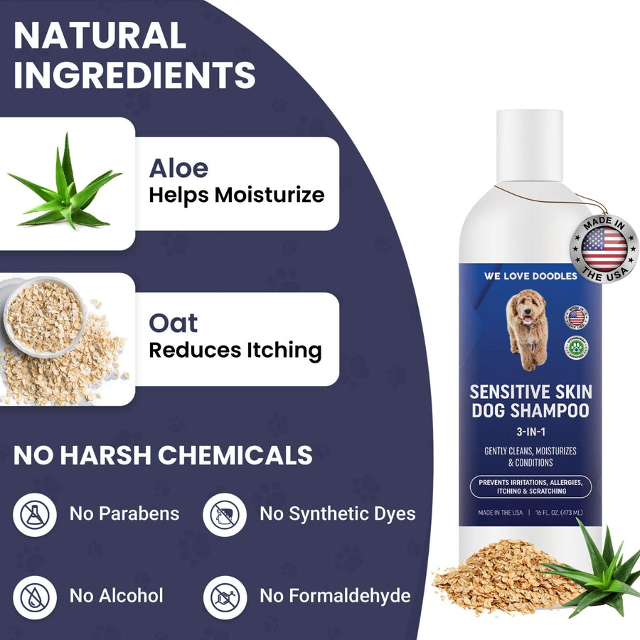 Left panel shows aloe and oats with captions for moisture and itch relief. Icons list no parabens, no synthetic dyes, no alcohol, and no formaldehyde. Shampoo bottle appears on the right.