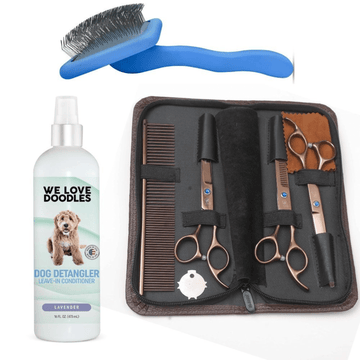 Blue slicker brush, 16 oz dog detangler bottle, and rose gold scissor set with metal comb in a zip case on a white background.