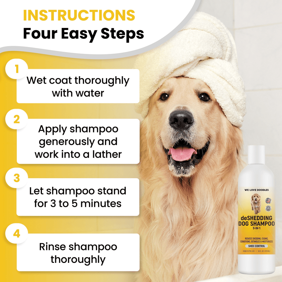 Bathroom scene with a golden retriever wearing a towel wrap. Steps show wet coat, apply shampoo, wait 3 to 5 minutes, and rinse thoroughly. The product bottle sits at the bottom right.