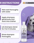 Step graphic shows how to use the shampoo. Wet coat, apply and lather, let stand 3 to 5 minutes, then rinse thoroughly. A small white dog wrapped in a purple towel sits next to the bottle.