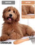 Split image shows a doodle coat before with tangles and after with smoother fur. The small rake with a wood handle rests near the dog.
