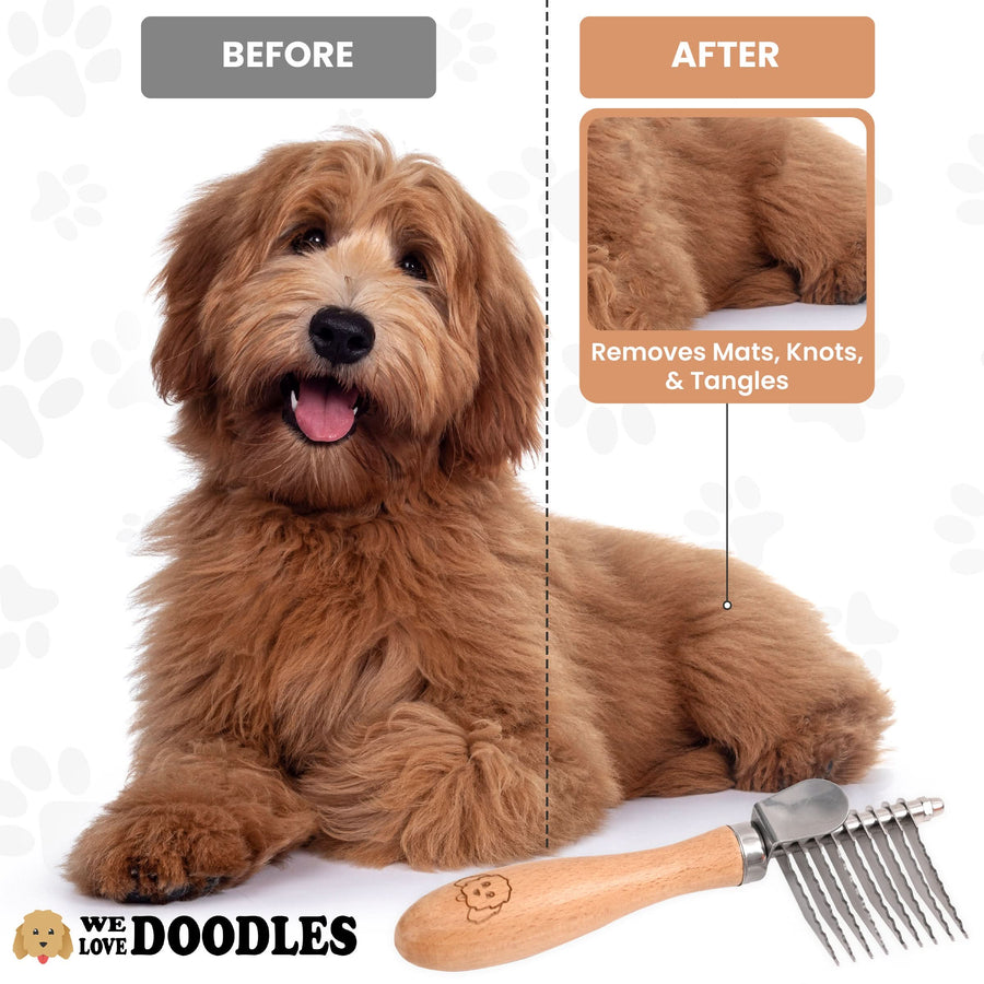 Split image shows a doodle coat before with tangles and after with smoother fur. The small rake with a wood handle rests near the dog.