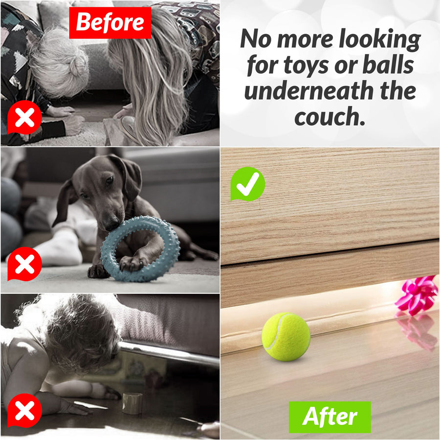 Left panels show people and a dog reaching under furniture. Right panel shows a clean floor edge with a tennis ball and an after check mark.