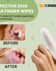 Green graphic shows two close up photos. The first shows a dirty inner ear labeled before. The second shows a cleaner ear labeled after. A textured white finger wipe is pictured on the right.