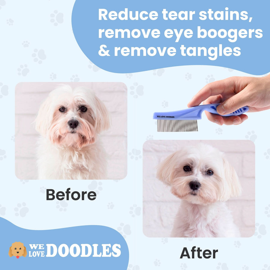 Graphic shows a white dog before grooming and a second frame after grooming with a hand holding a blue comb between the frames. Captions read Before and After.