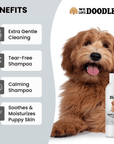 Smiling doodle puppy next to the bottle. Text highlights extra gentle cleaning, a tear free formula, calming effects, and that it soothes and moisturizes puppy skin.