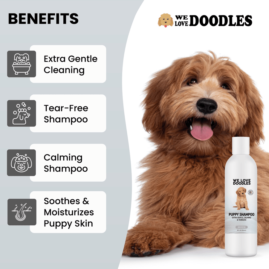 Smiling doodle puppy next to the bottle. Text highlights extra gentle cleaning, a tear free formula, calming effects, and that it soothes and moisturizes puppy skin.