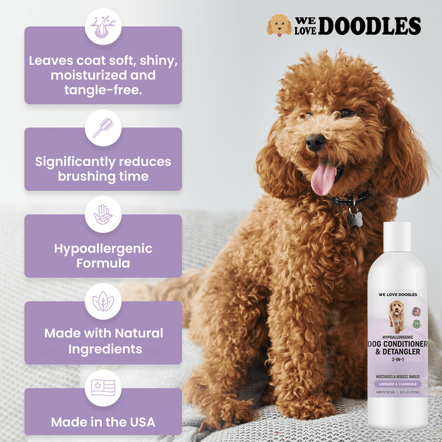 Graphic shows a curly dog beside the conditioner bottle with purple callouts that say leaves coat soft and shiny, reduces brushing time, hypoallergenic, natural ingredients, made in USA.