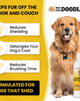 Three panels state reduces shedding, detangles your dog's coat, and reduces brushing time. A golden dog sits on the right and the shampoo bottle is shown near the paw.