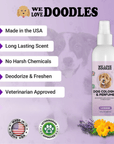 We Love Doodles cologne bottle shown with icons for made in USA, long lasting scent, no harsh chemicals, deodorize and freshen, and veterinarian approved.