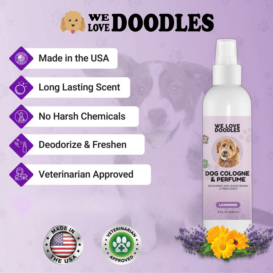 We Love Doodles cologne bottle shown with icons for made in USA, long lasting scent, no harsh chemicals, deodorize and freshen, and veterinarian approved.
