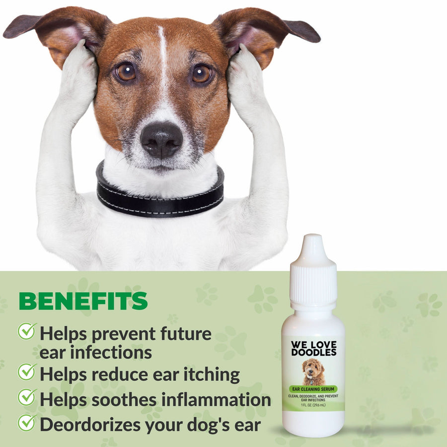 Dog covers its ears above a green checklist of benefits. A white ear cleaning serum bottle stands to the right on a clean background.