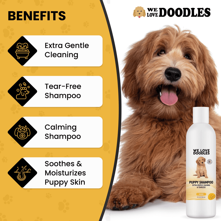 Doodle dog pictured with callouts for extra gentle cleaning tear free calming and soothes and moisturizes puppy skin. Shampoo bottle appears on the right side.