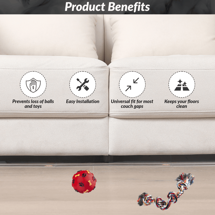Beige couch with a clear blocker along the bottom edge and icons for prevents toy loss, easy install, universal fit, and cleaner floors.