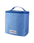 Soft sided light blue bag shown closed with a zip lid and a top handle. The front We Love Doodles logo patch is visible.